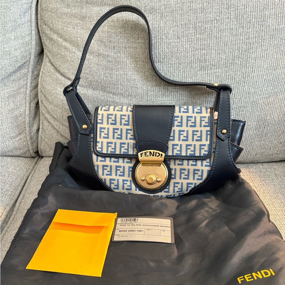 Fendi Compilation Shoulder Bag Zucchino Navy Canvas and Leather